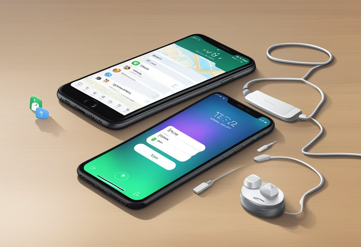 A phone resting on a table, with a lock screen showing "Find My iPhone" app open, surrounded by a secure and private setting