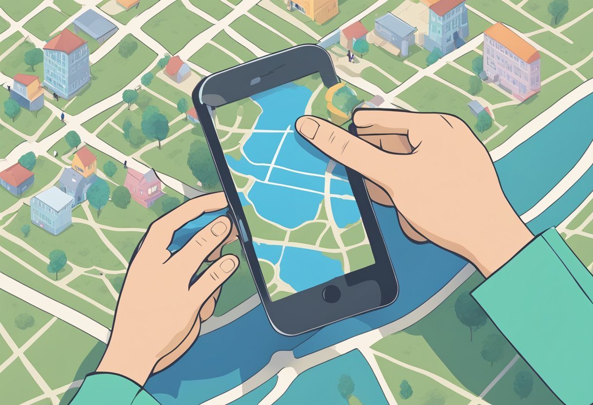 A smartphone with a map app open, showing the location of a lost iPhone. A friend's hand reaching out to tap the screen