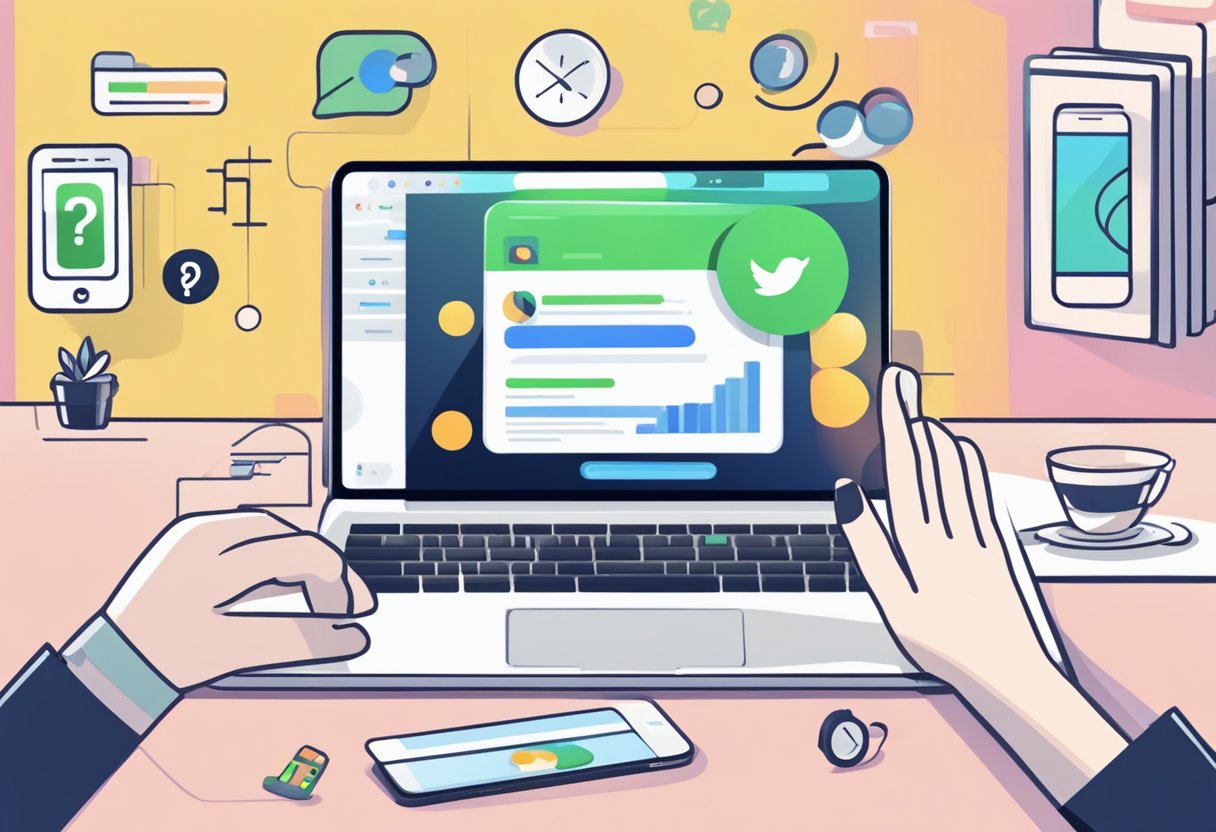 An open laptop displaying "Frequently Asked Questions: find my iPhone" with a smartphone and a friend's hand reaching for it