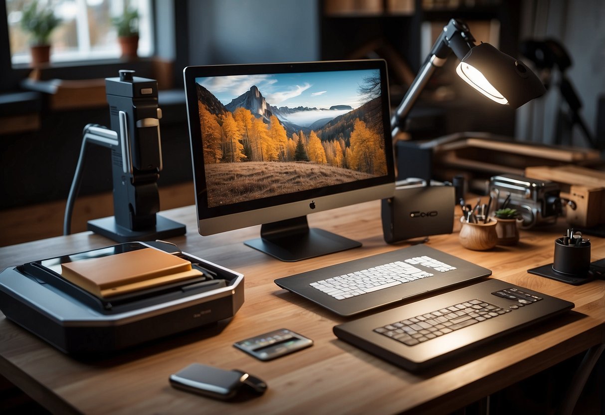 A table with a K40 laser engraver and cutter, surrounded by various materials like wood, acrylic, and leather. A computer with design software is connected to the machine