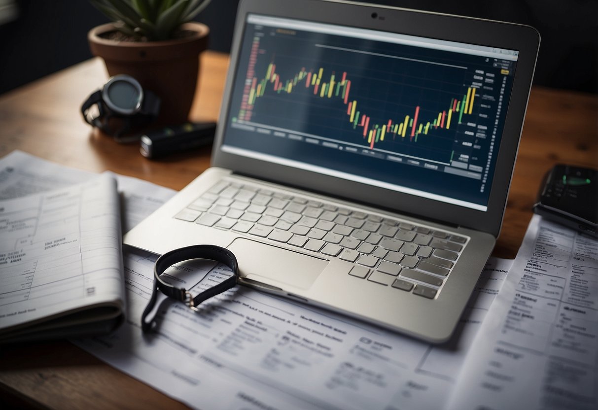 A table with a laptop, financial charts, and a list of top stocks. A person evaluating and making notes