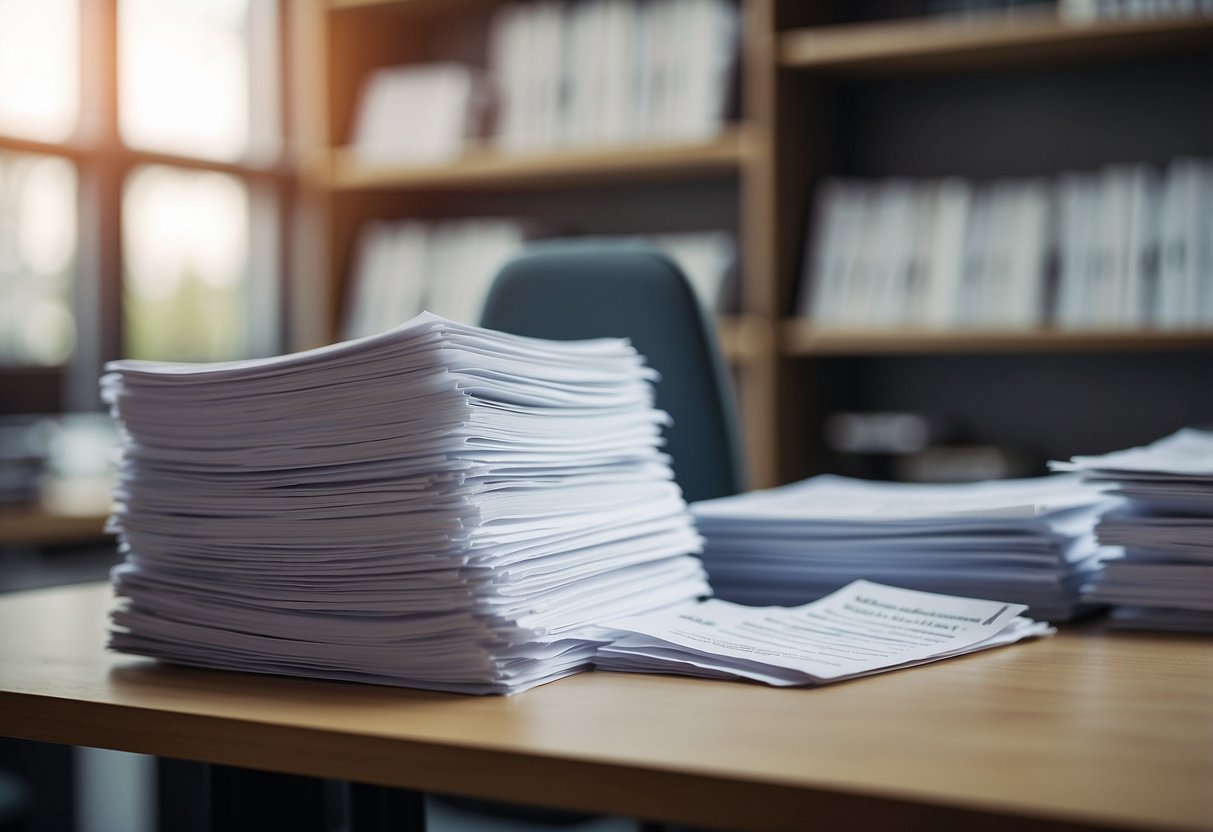 A stack of application forms and public procurement documents on a desk