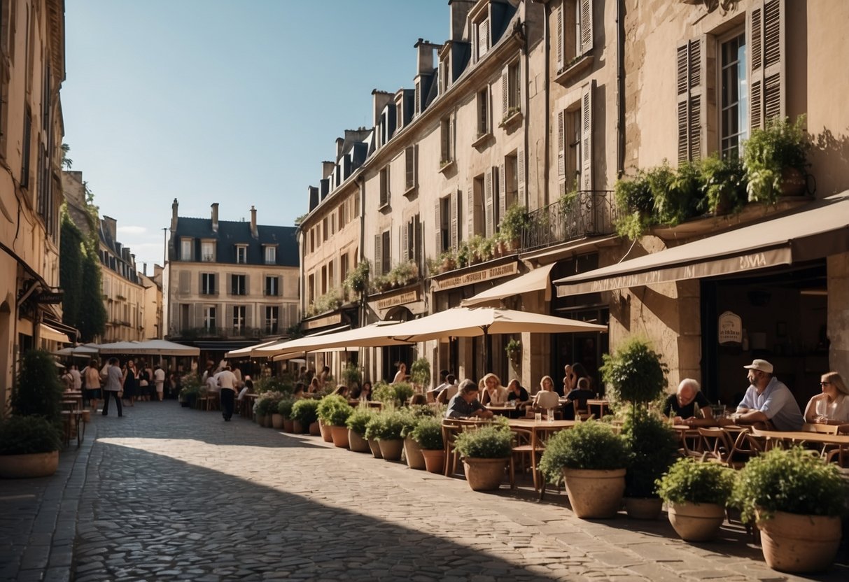 A bustling French town square, with a mix of historic and modern buildings, surrounded by greenery and bustling with activity