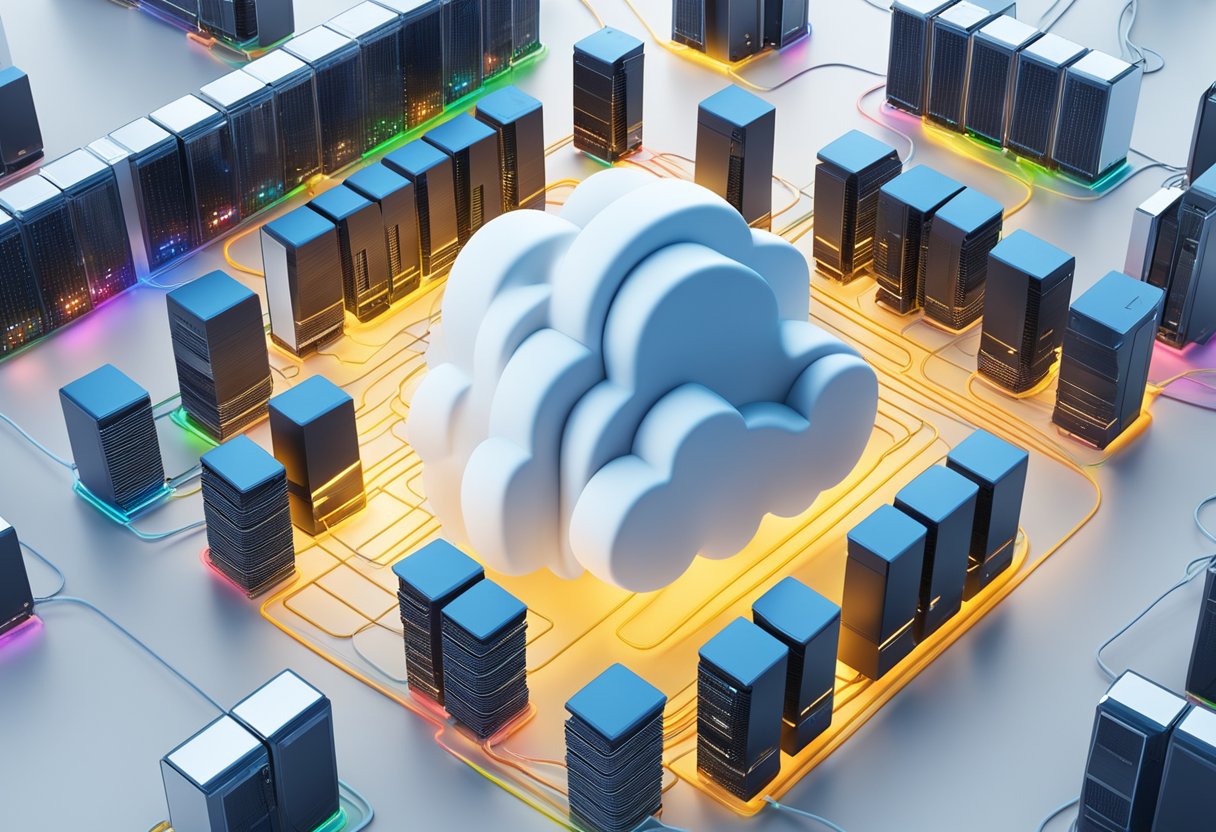 A cloud server surrounded by data cables and glowing with digital information