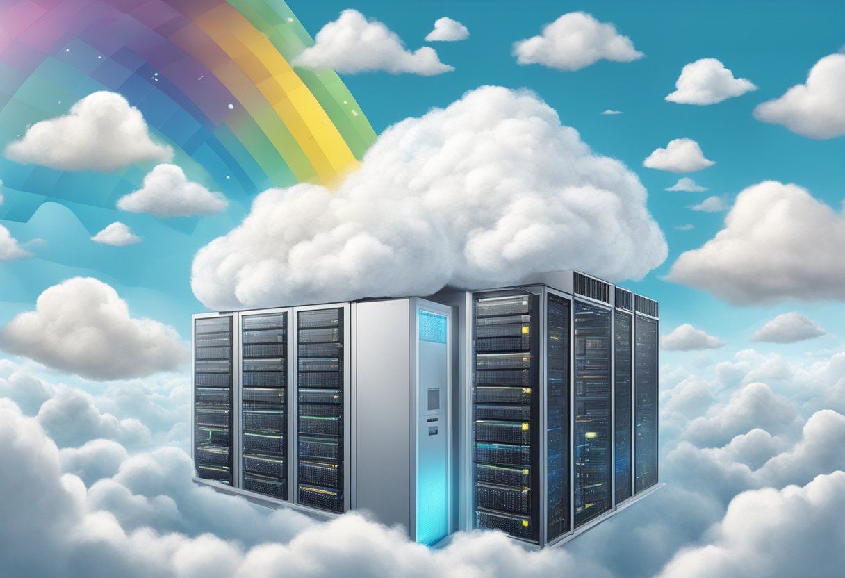 A server floating in the sky, surrounded by fluffy white clouds, with data streaming up and down from it