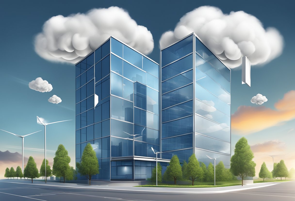 A cloud server hovering above a modern office building, with data flowing seamlessly between devices, symbolizing efficiency and accessibility