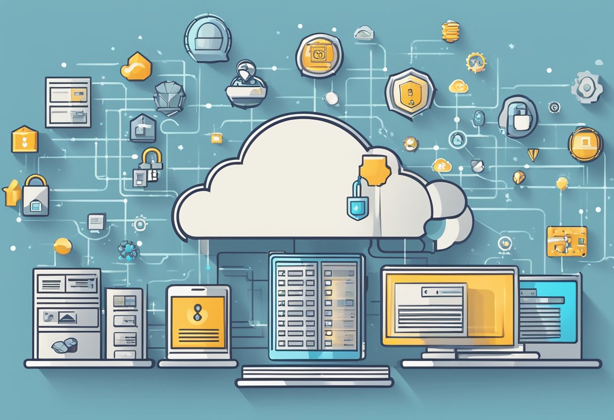 A cloud server surrounded by security symbols and compliance icons, with a spotlight shining on it to emphasize its top benefits for business