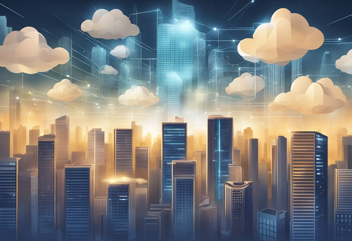 A group of cloud servers floating above a bustling city skyline, with beams of light emanating from them, symbolizing the top benefits of using cloud servers for businesses