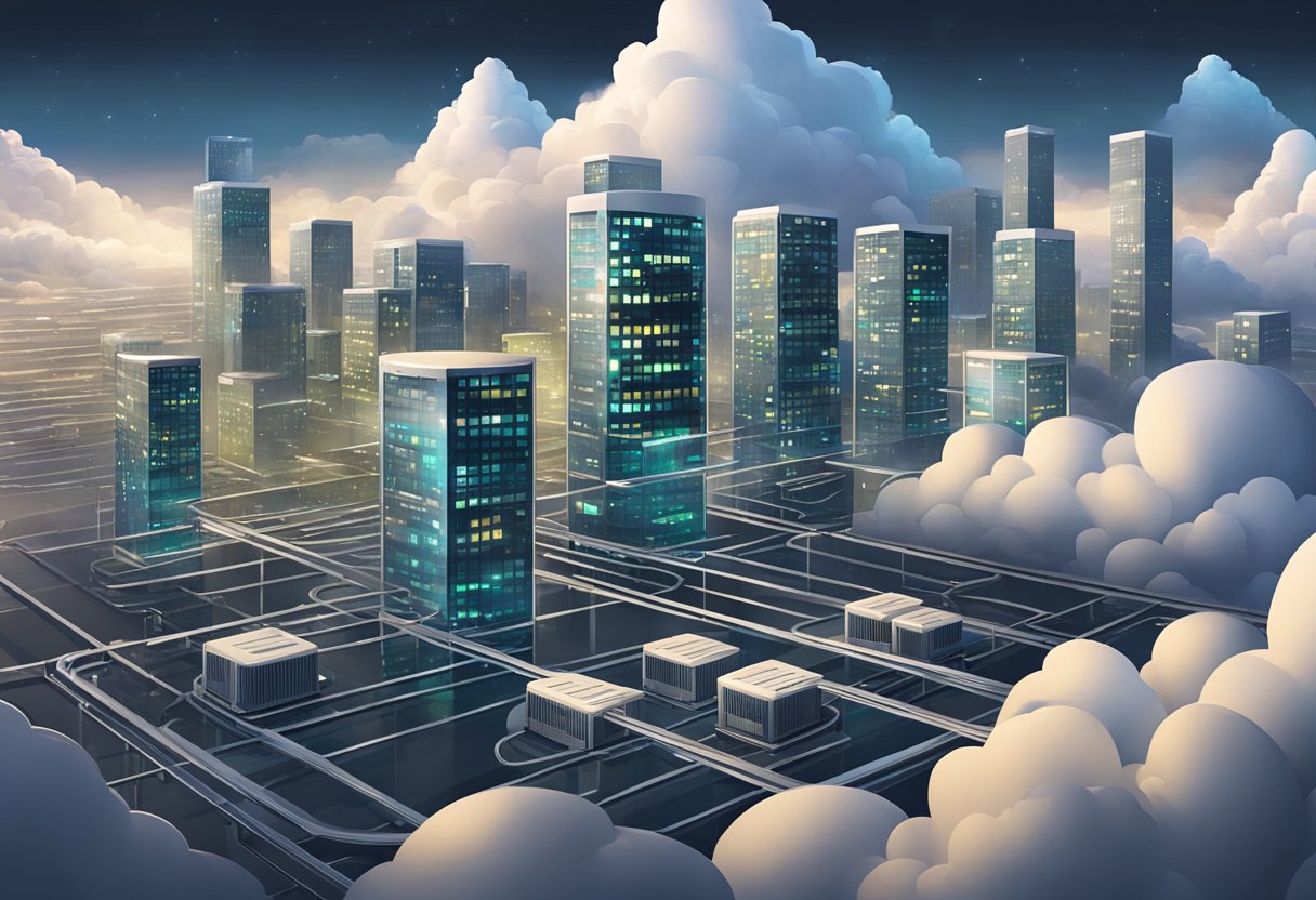 A cluster of cloud servers floats above a city skyline, while traditional servers sit in a dimly lit server room