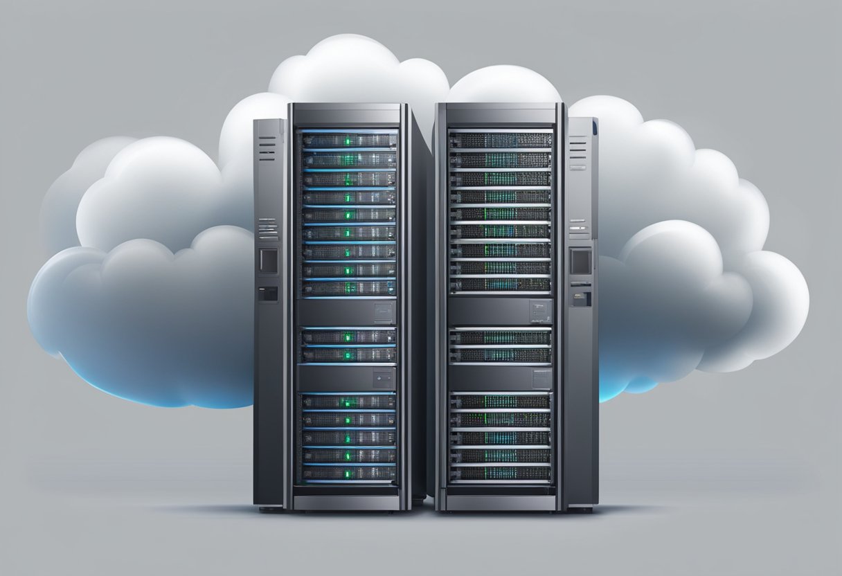 A cloud server and a traditional server face off, with the cloud server appearing modern and sleek, while the traditional server looks sturdy and reliable