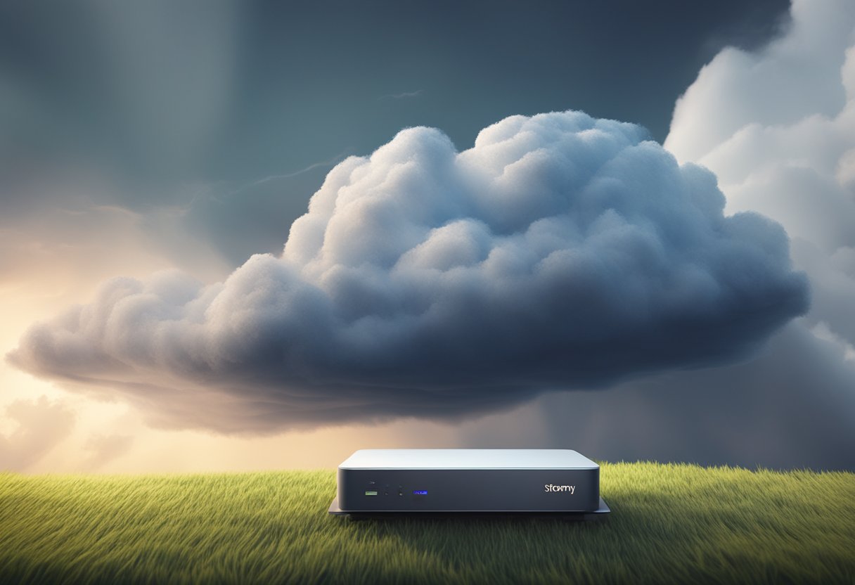 A stormy cloud looms over a traditional server, while a sleek and modern cloud server floats above, highlighting the contrast between the two options