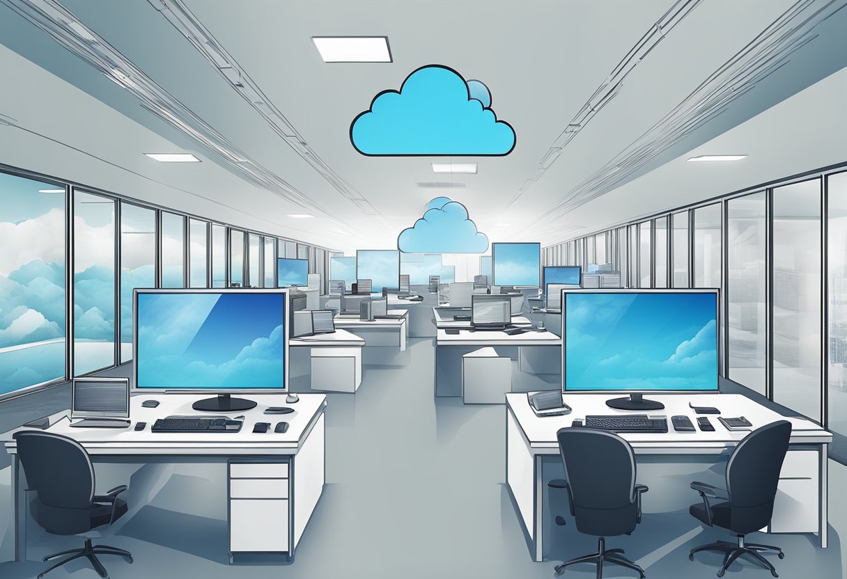 A modern office with computers and servers being transferred to the cloud. Data is shown moving from physical servers to virtual cloud servers