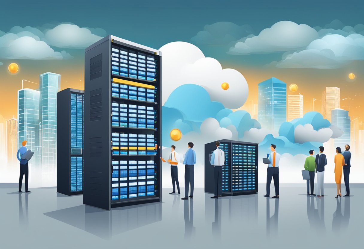 A company's data and applications smoothly transition from on-premises servers to cloud servers, with IT professionals overseeing the migration process