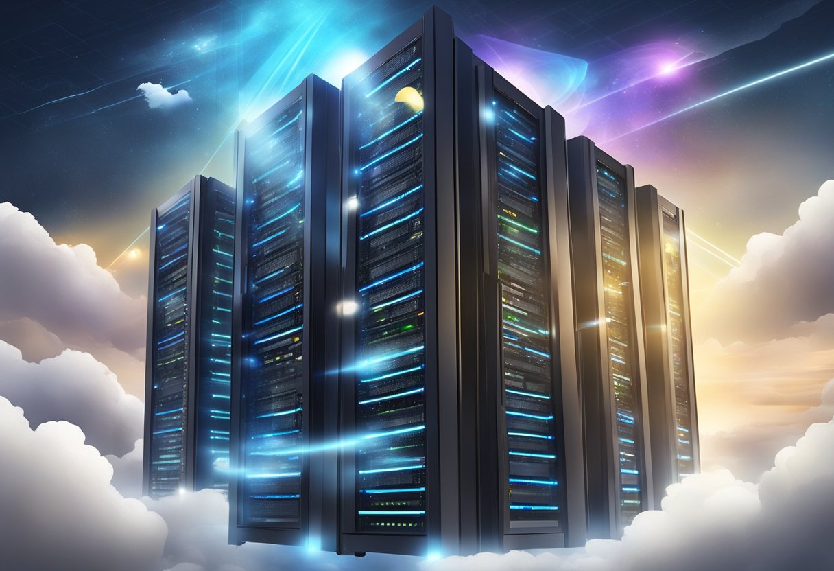 A group of servers floating in the sky, connected by beams of light, with a business logo transitioning from a physical server to a cloud server