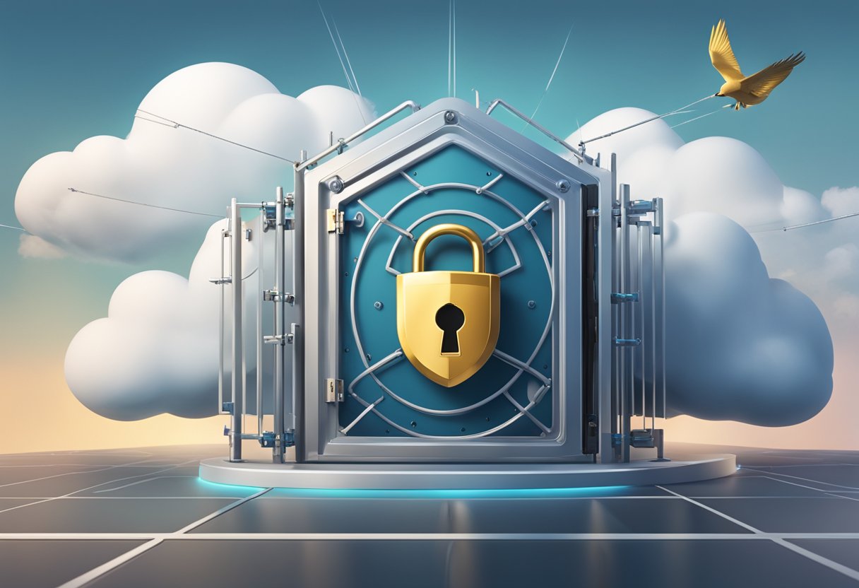 A cloud server surrounded by a protective barrier with a lock and key, a shield symbol, and a padlock icon representing security best practices