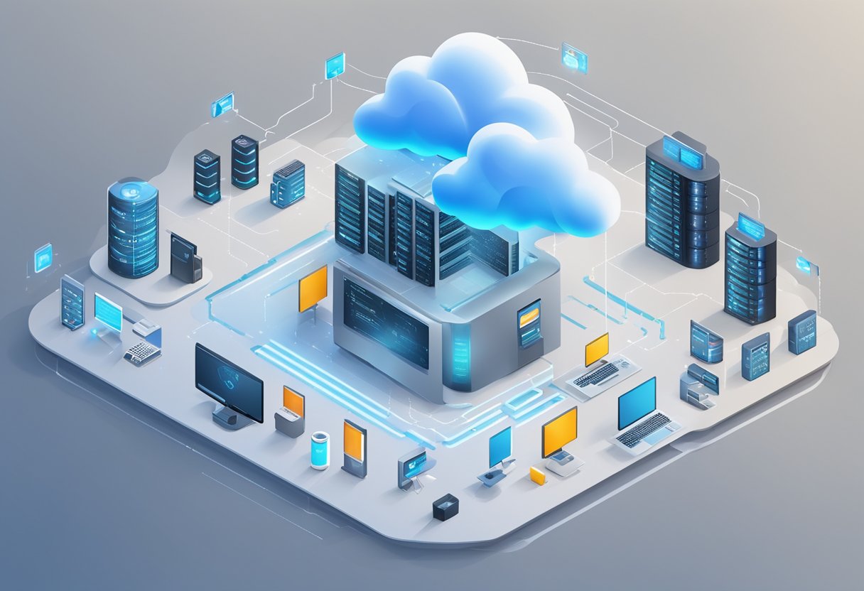 A cloud server surrounded by layers of security measures like firewalls and encryption, with access control and monitoring in place