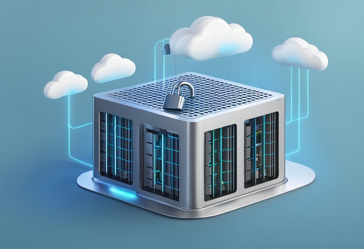 A cloud server surrounded by a protective barrier, with a padlock and key symbolizing security best practices