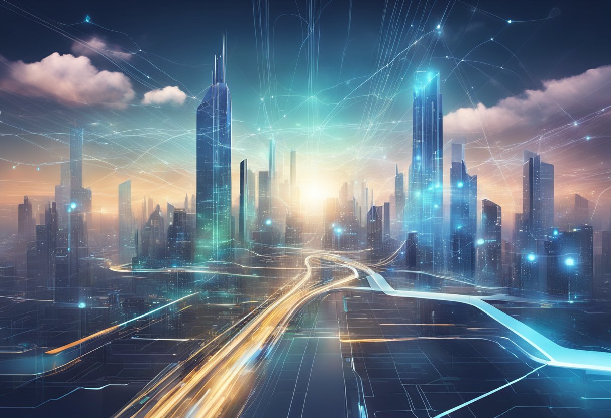 A futuristic city skyline with interconnected clouds and data streams. Advanced technology and digital infrastructure are prominently featured