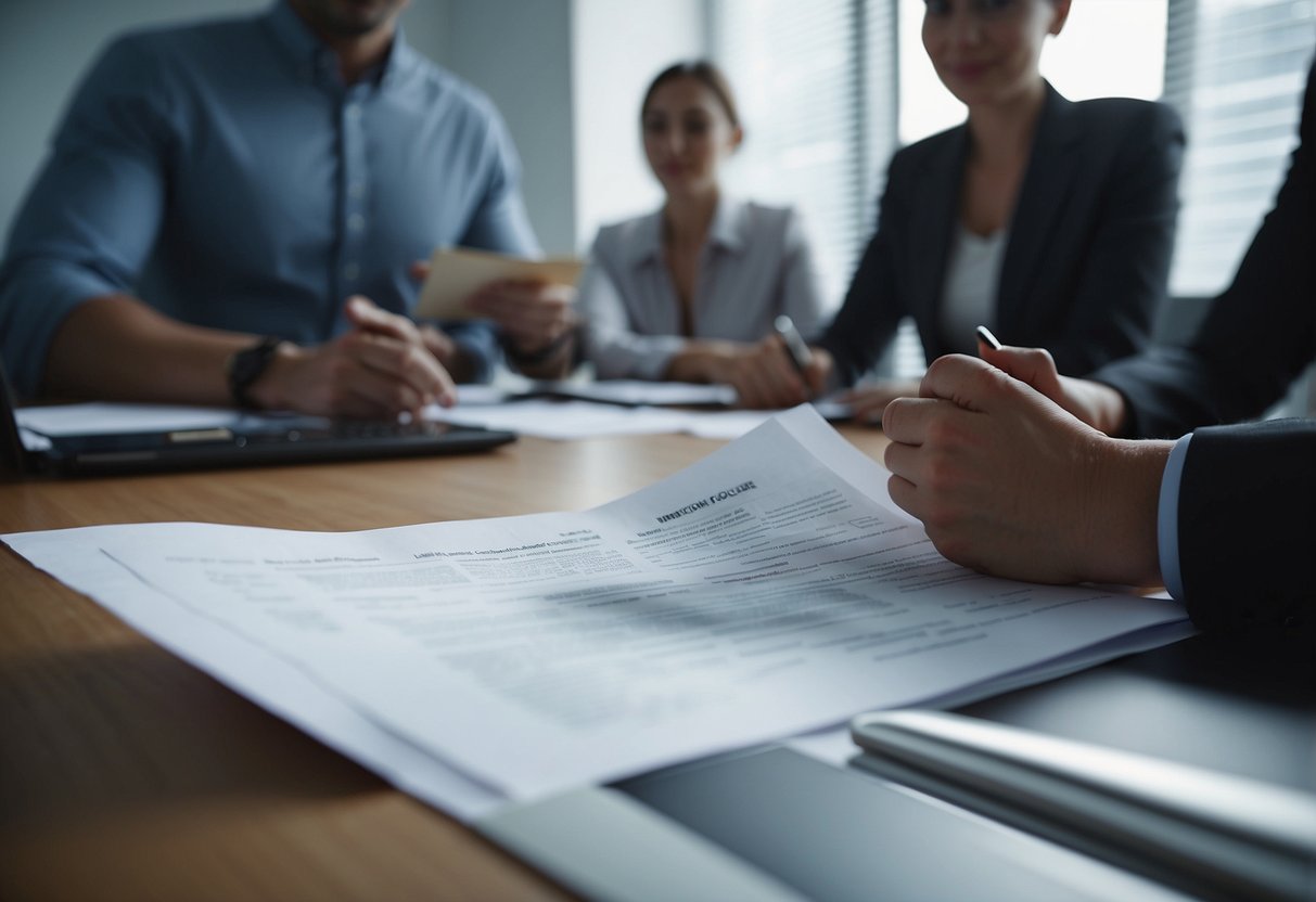 A group of businesses collaborating on a public project, with legal documents and contracts being exchanged and signed in an office setting