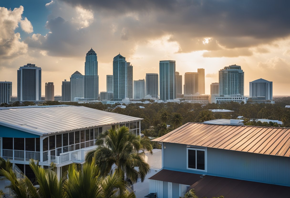 A metal roof stands against a Florida skyline, with an insurance policy and cost comparison chart in the foreground