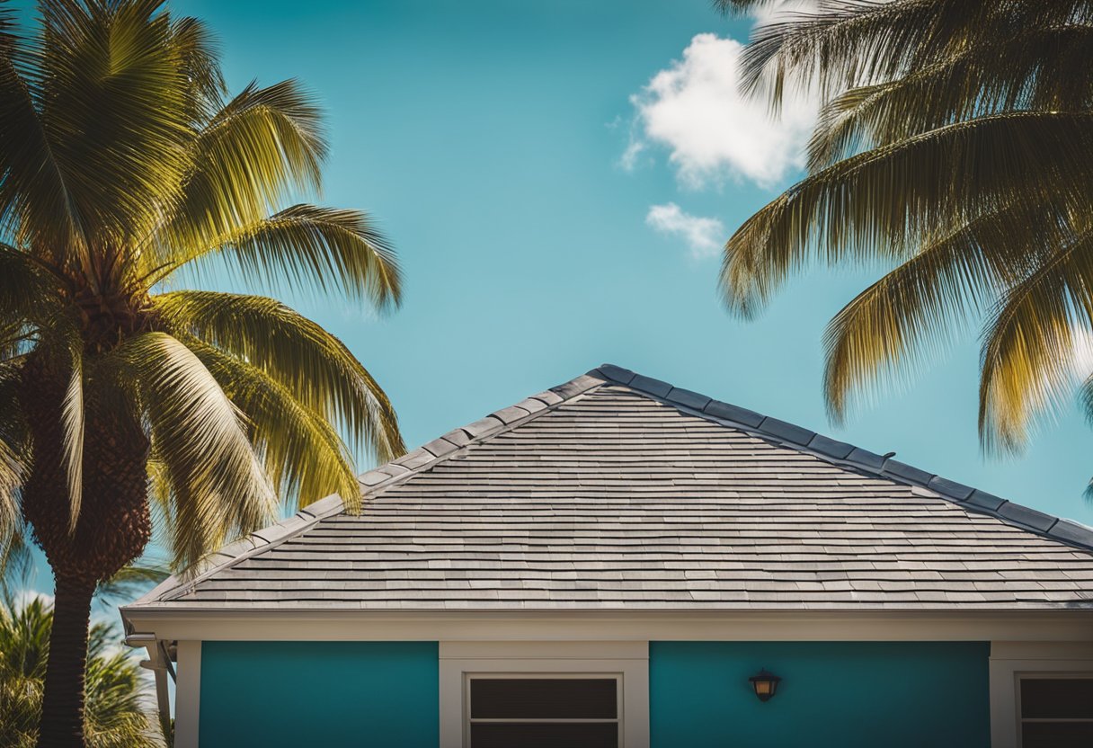 A sunny Florida home with a metal roof stands out against the bright blue sky. A palm tree sways in the background, evoking a sense of tropical living