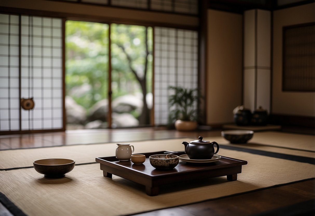 A traditional Japanese tea ceremony setting with tatami mats, sliding doors, and a low table adorned with delicate tea utensils