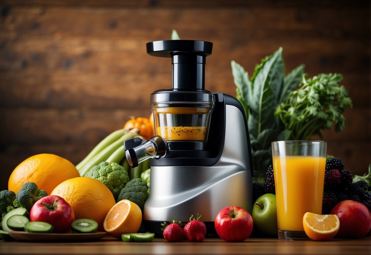 A colorful array of fresh fruits and vegetables, a juicer, and glasses filled with vibrant, nutrient-packed juices