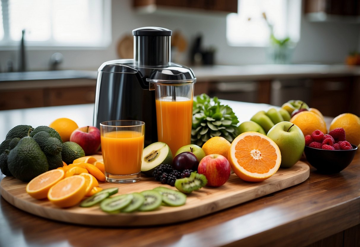 A table with various juicing equipment: juicer, cutting board, knives, and assorted fruits and vegetables