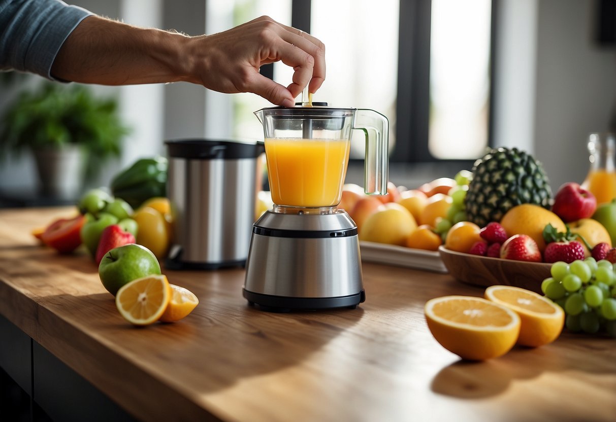 A hand reaching for fresh fruits and vegetables, a juicer on the countertop, and a glass waiting to be filled with vibrant, colorful juice