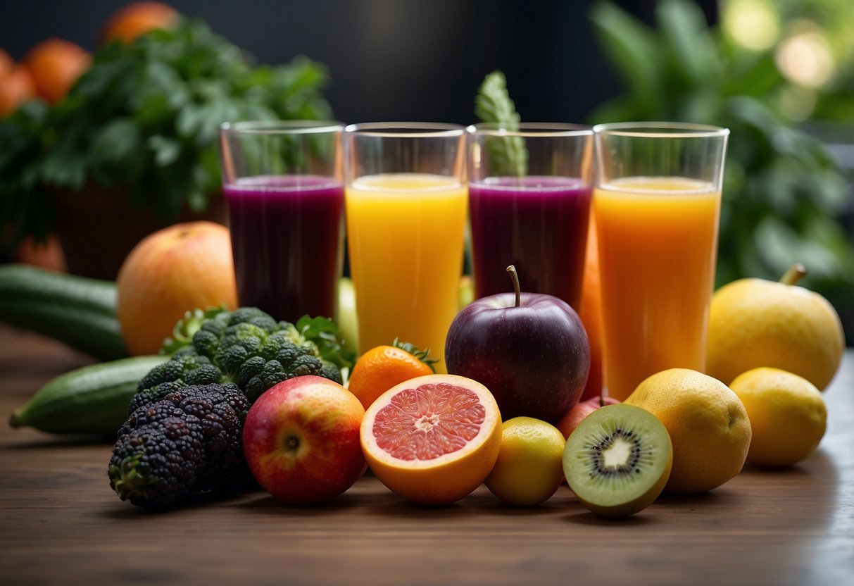 A variety of fruits and vegetables are being juiced using different techniques. The vibrant colors and textures of the produce create an engaging visual display
