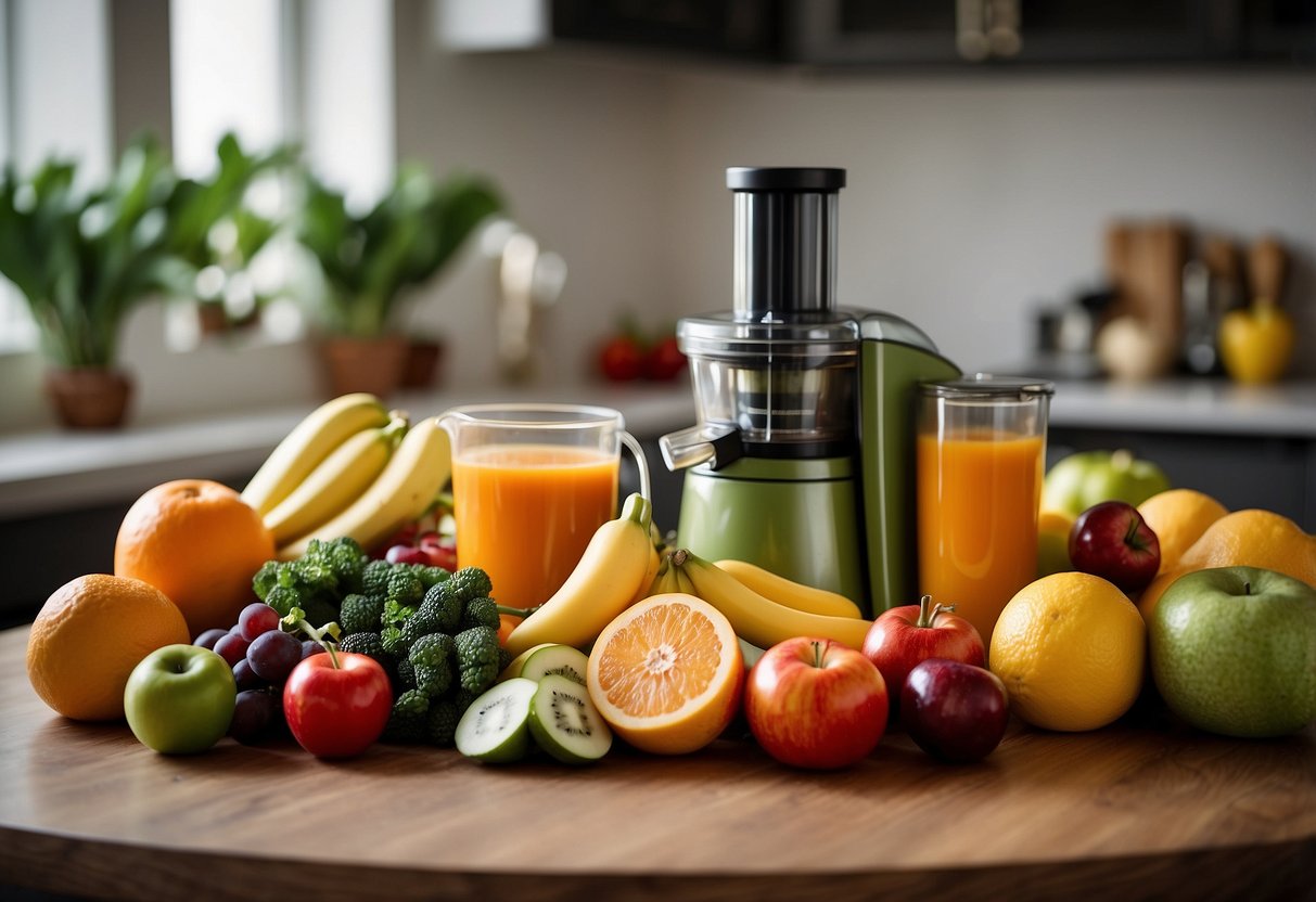 Juicing 101 A colorful array of fresh fruits and vegetables, a juicer, and recipe books spread out on a kitchen counter