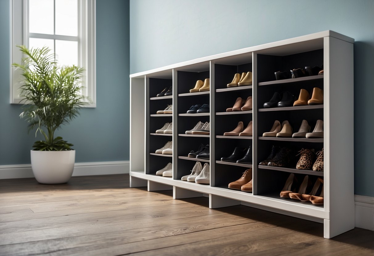 A row of 10 open shoe cubbies, neatly organized with various pairs of shoes inside. The cubbies are built into a sleek, modern entryway bench, with a clean and minimalist design