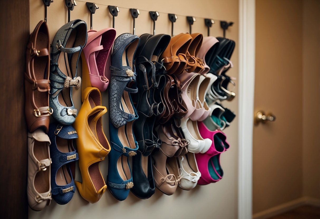 A colorful over-the-door shoe hanger filled with various pairs of shoes, hanging on a closet door. The background features a tidy entryway with a few other storage solutions for shoes