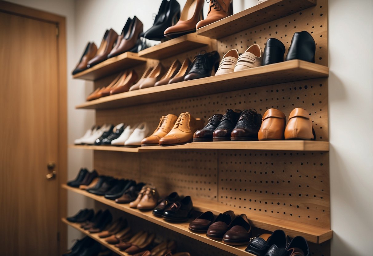 A wooden pegboard shoe shelf with 10 pairs of shoes neatly arranged in an entryway