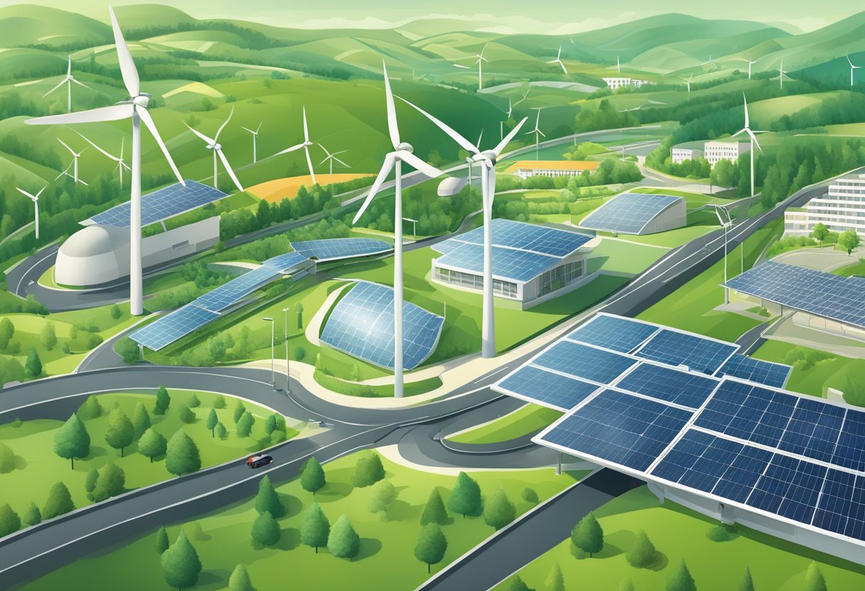 A lush green landscape with wind turbines and solar panels, surrounded by modern buildings and clean, efficient public transportation in Luxembourg