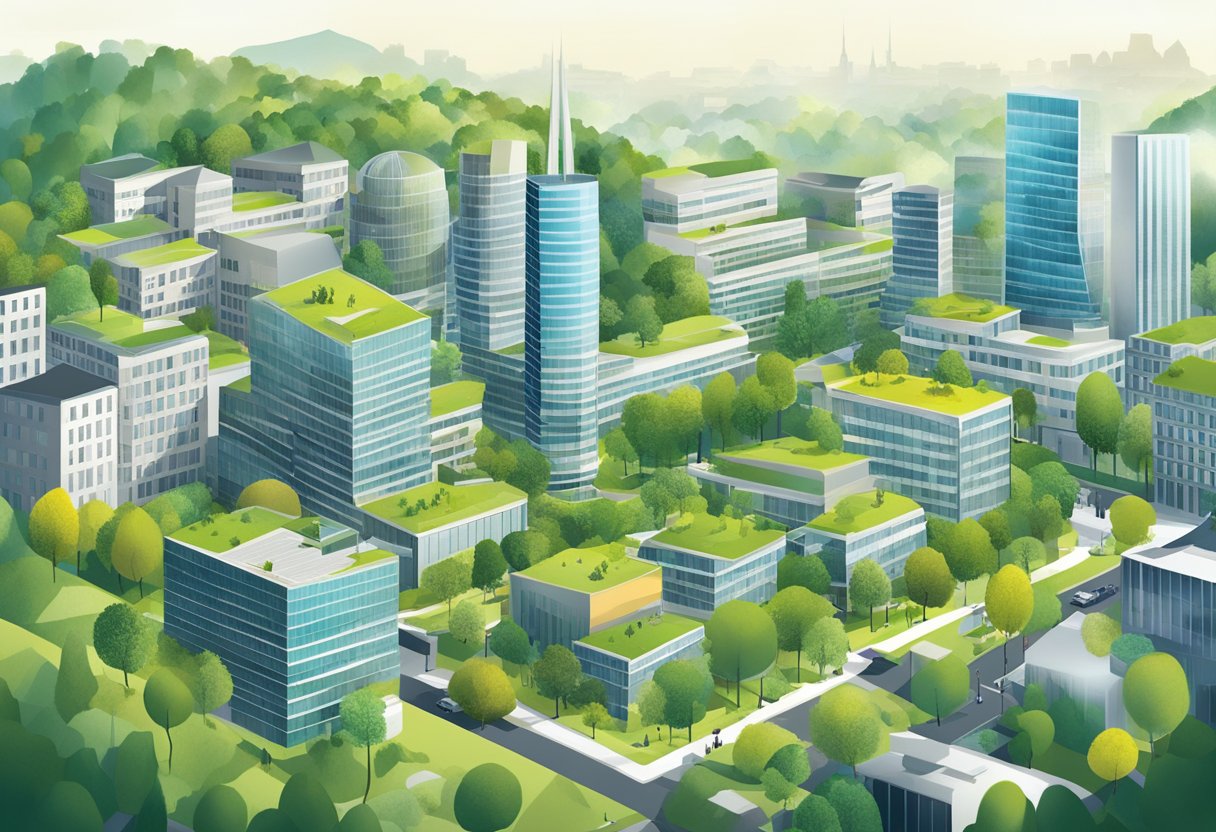 A bustling financial district in Luxembourg showcases the evolution of sustainable finance in Europe, with modern buildings and green spaces symbolizing sustainable investment strategies