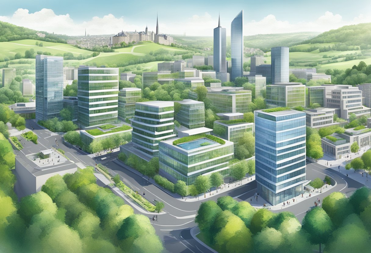 A bustling financial district in Luxembourg, with modern skyscrapers and green spaces, showcasing the integration of sustainable investment strategies
