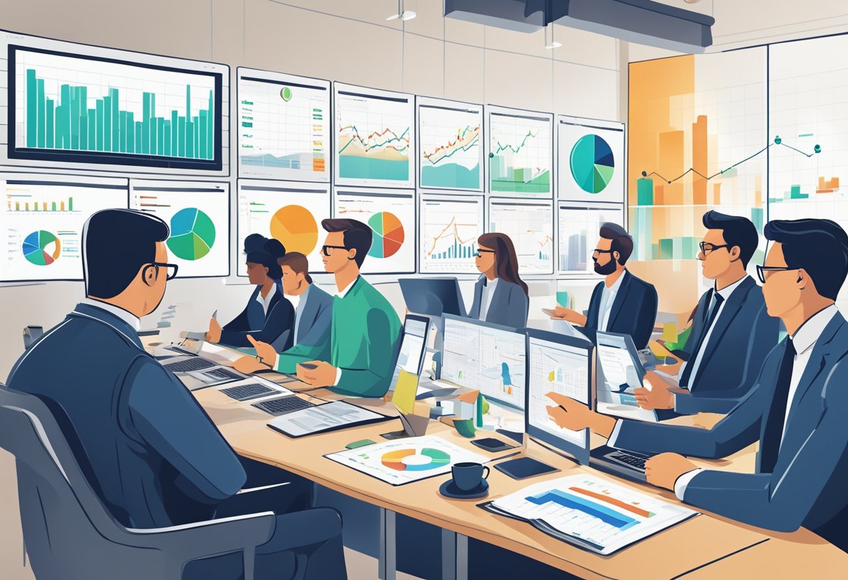 A bustling market with charts and graphs showing sustainable investment trends in Luxembourg. Eager investors and analysts discuss potential strategies