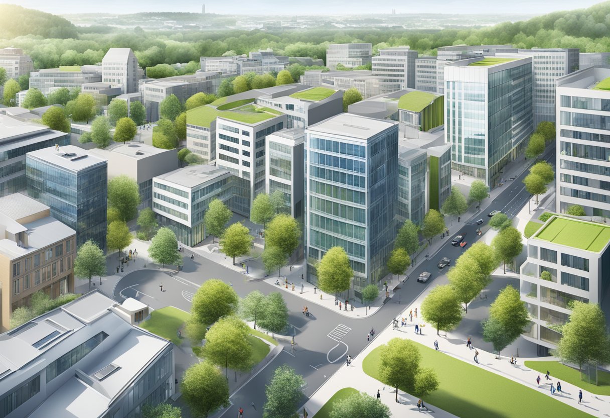 A bustling financial district in Luxembourg showcases ESG investment strategies and sustainable criteria through modern buildings and green infrastructure