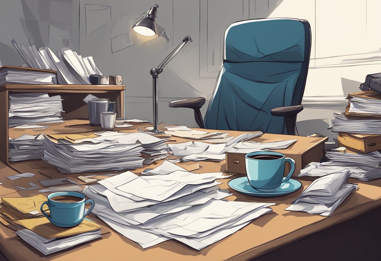 Gideon's office: messy desk, open case files, disheveled chair. Empty coffee cup, crumpled papers. Tense atmosphere, heavy silence