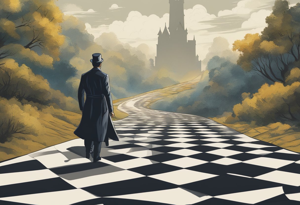 Gideon's legacy and influence: a shadowy figure leaving behind a trail of clues, a chessboard with pieces strategically placed, and a sense of mystery and intelligence lingering in the air