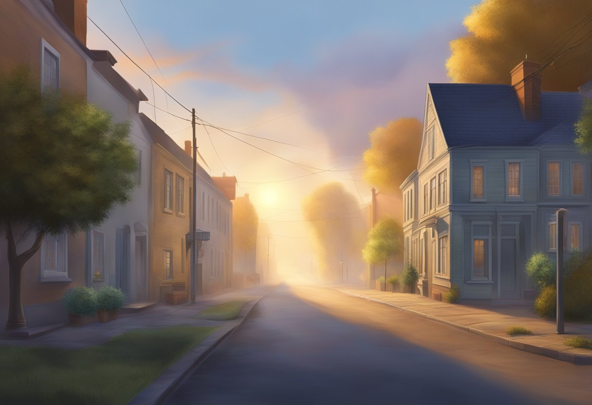 A small town street at dawn, with mist rising from the ground and the first rays of sunlight breaking through the clouds