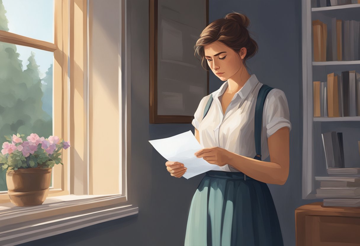 A woman stands alone, looking out a window with a mix of sadness and determination in her eyes. She clutches a letter in her hand, the weight of the world on her shoulders