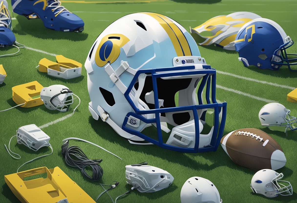 Josh Rosen's abandoned football helmet lies on the grass, surrounded by scattered equipment and a group of concerned teammates