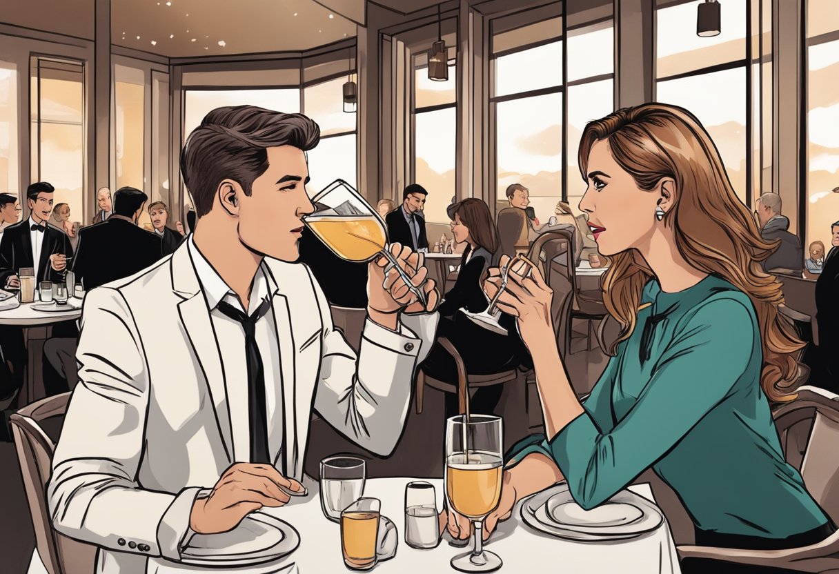 Ari confronts her ex-husband at a posh restaurant, throwing a drink in his face before storming out