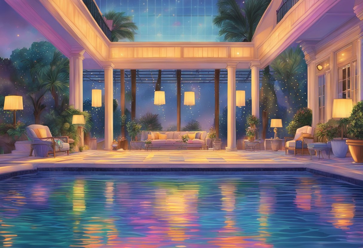 Ari falls into the pool at the First Wives Club, surrounded by colorful lights and music