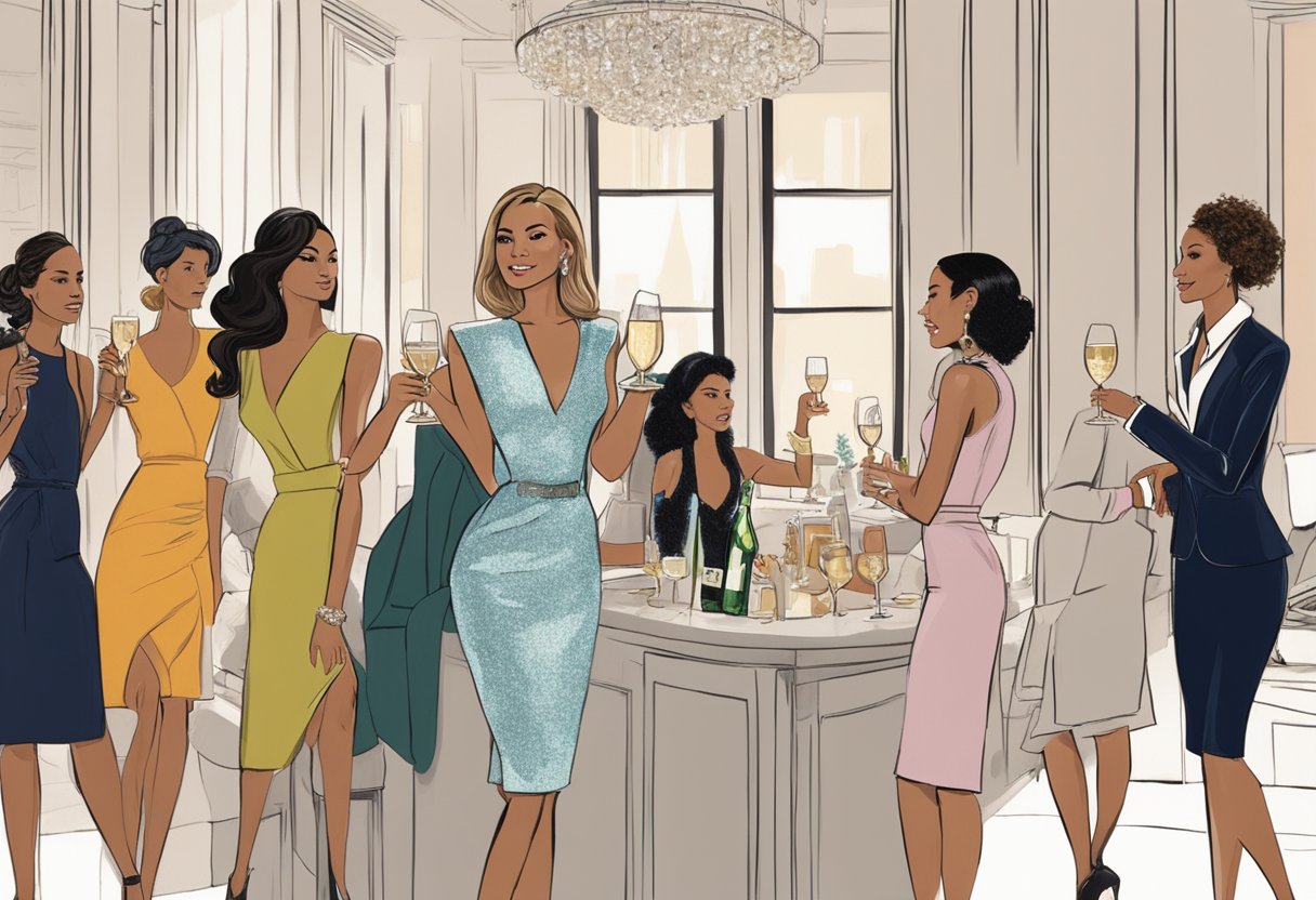 Ari Montgomery stands in a chic New York City apartment, surrounded by glamorous women gossiping and sipping champagne. She looks confident and determined, ready to take on the world