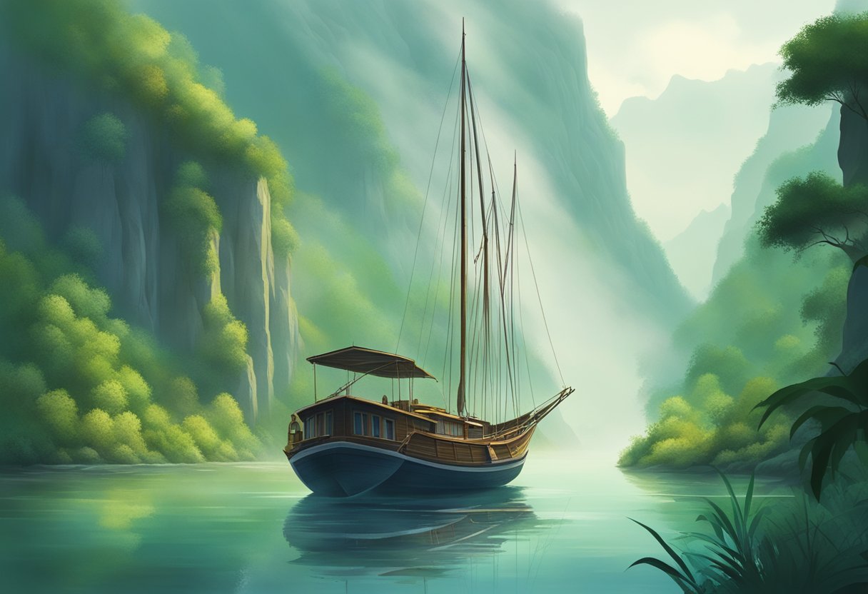 A boat sails through a misty river, surrounded by lush greenery and towering cliffs. A sense of mystery and exploration fills the air