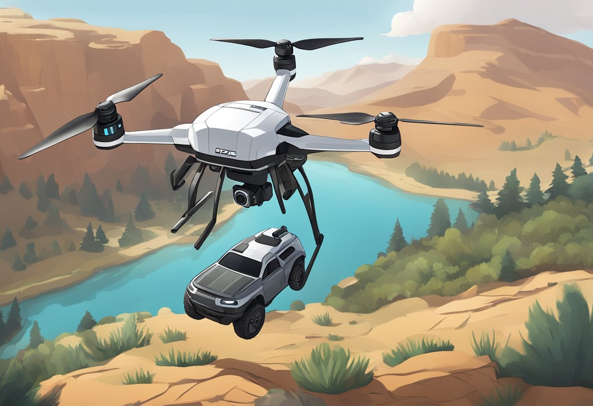 A drone hovers over a rugged landscape, capturing the team's use of advanced equipment to explore and document their environmental conservation efforts