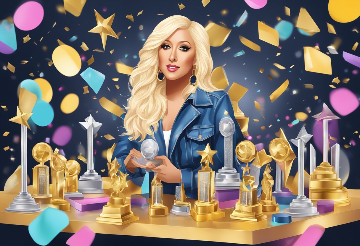 Christina Aguilera's awards and trophies displayed on a shelf, surrounded by glowing spotlights and confetti